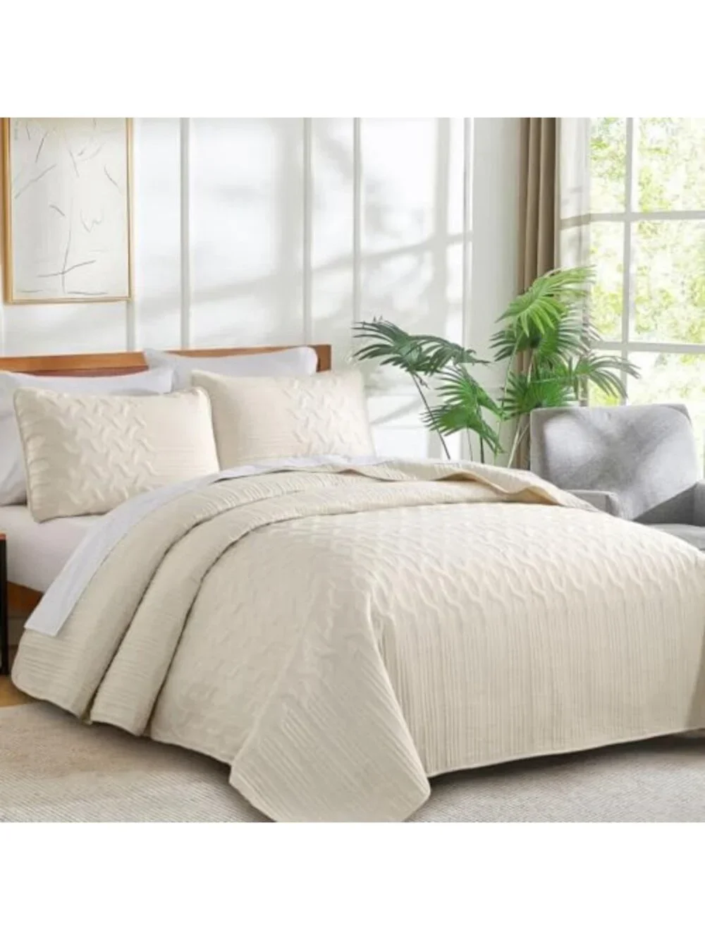 Beige California King Quilt Set, Ultrasonic Wave Bedspread, Cozy Bedding Decor